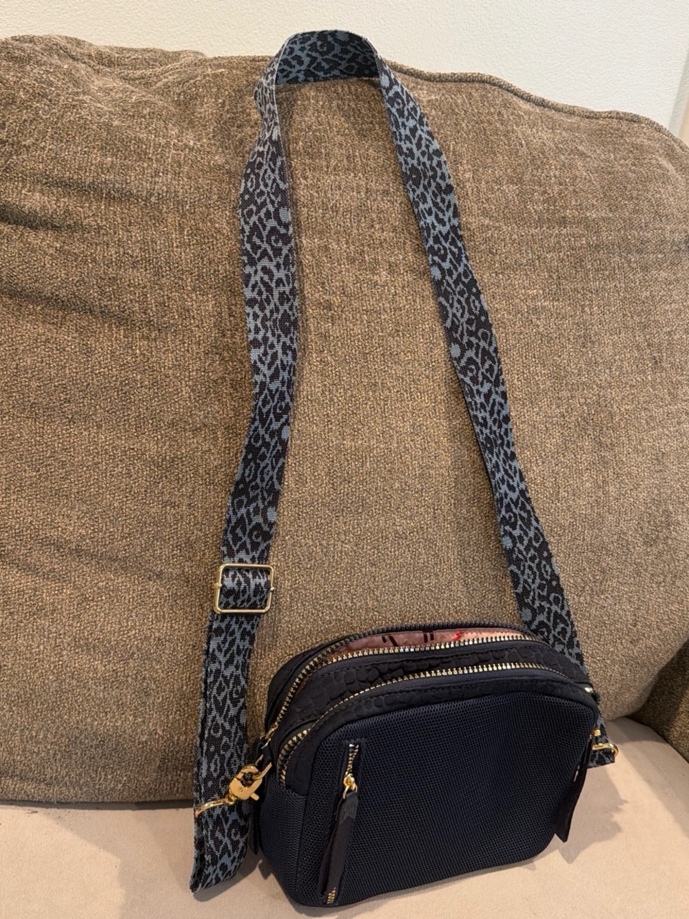 Stella & Dot Navy Crossbody with leopard pattern adjustable Strap